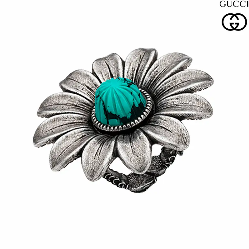 Anello in Argento Fiore Grande con Pietra Verde Gucci