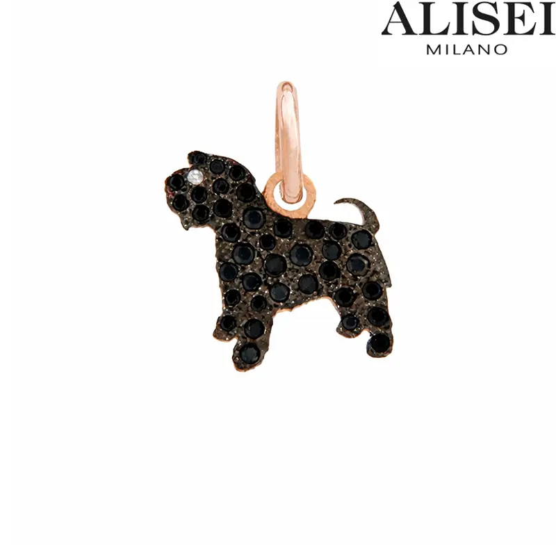 Pendente Donna a Forma di Cane in Argento Rosato con Pietre Nere Alisei